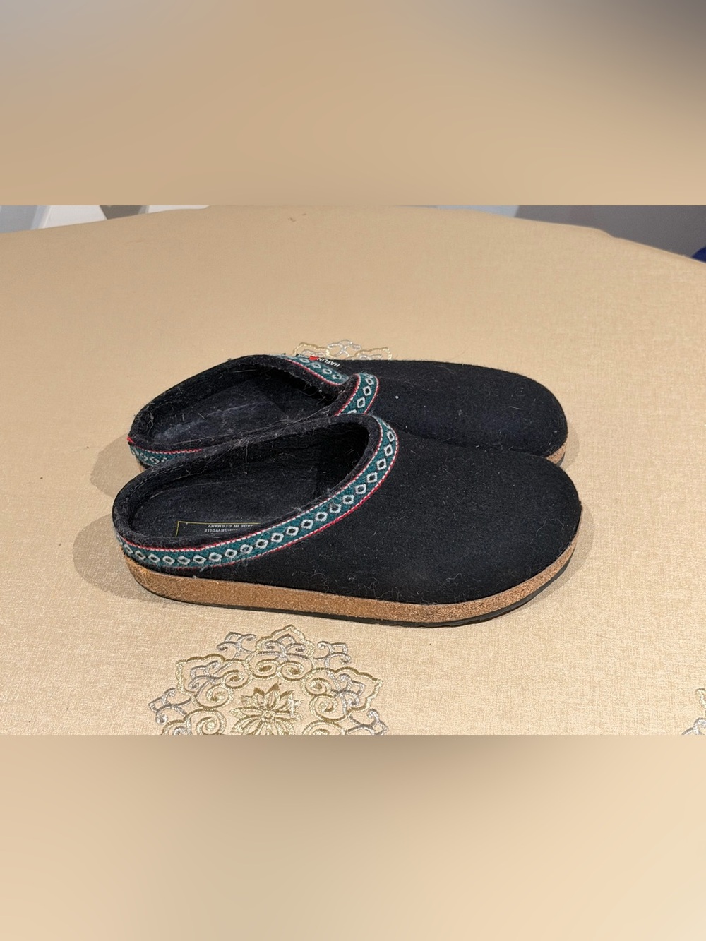 Haflinger Black Felt Slip-On Clog Slippers with Green & Red Trim